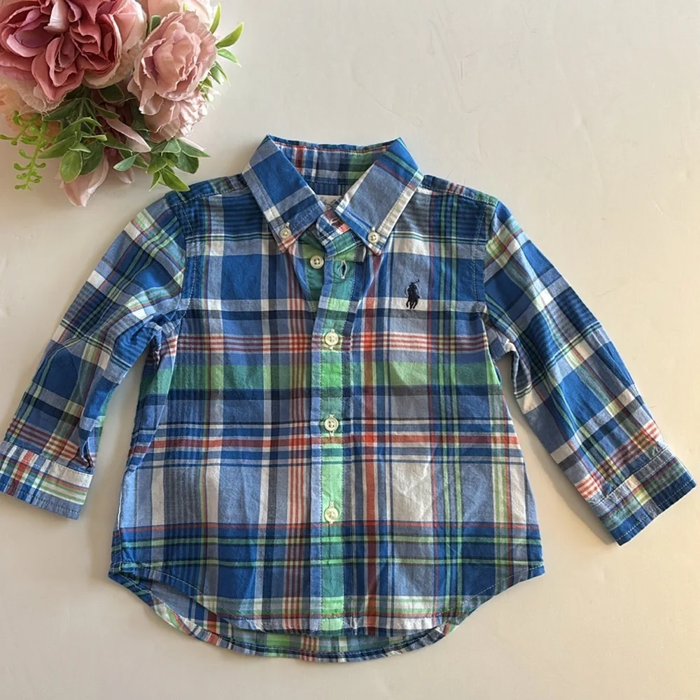Ralph Lauren Baby Boy Blue Plaid 9M Button Down Shirt Ralph Lauren 9M Boys